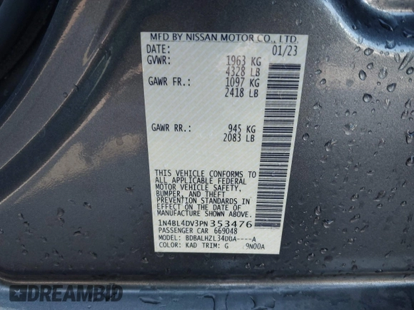 2023 Nissan Altima SV z VIN 1N4BL4DV3PN353476, wystawiony jako IAAI lot #42259077 z przebiegiem 26 201 mil mil oraz . Historia ofert i sprzedaży dostępna na DreamBid. Obrazek 9.