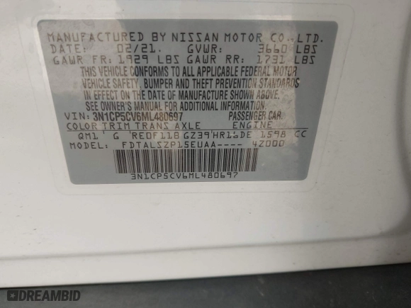 2021 Nissan Kicks SV with VIN 3N1CP5CV6ML480697, listed as a IAAI auction lot 41781662 with 83,015 mi miles. Bid and sale history available at carsss.com. Image 9.