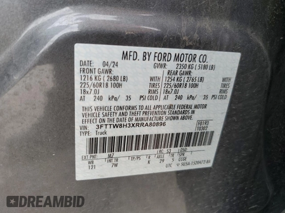 2024 Ford Maverick XLT with VIN 3FTTW8H3XRRA80896, listed as a Copart auction lot 59260445 with 25,629 mi miles and Salvage title. Bid and sale history available at DreamBid. Image 13.