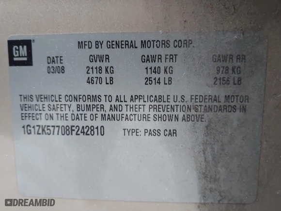 2008 Chevrolet Malibu LTZ with VIN 1G1ZK57708F242810, listed as a IAAI auction lot 41918852 with 211,623 mi miles. Bid and sale history available at carsss.com. Image 9.