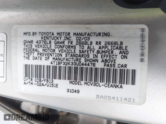 2003 Toyota Camry LE z VIN 4T1BF32K33U044476, wystawiony jako IAAI lot #42464651 z przebiegiem 206 004 mil mil oraz . Historia ofert i sprzedaży dostępna na DreamBid. Obrazek 9.
