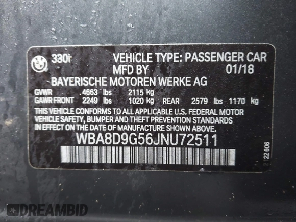 2018 BMW 3 Series 330i xDrive with VIN WBA8D9G56JNU72511, listed as a IAAI auction lot 41237501 with 40,734 mi miles. Bid and sale history available at carsss.com. Image 9.