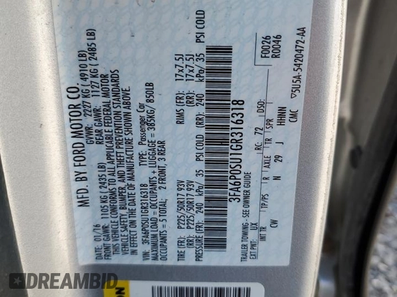 2016 Ford Fusion Titanium with VIN 3FA6P0SU1GR316318, listed as a Copart auction lot 56244015 with 73,451 mi miles and Salvage title. Bid and sale history available at DreamBid. Image 12.