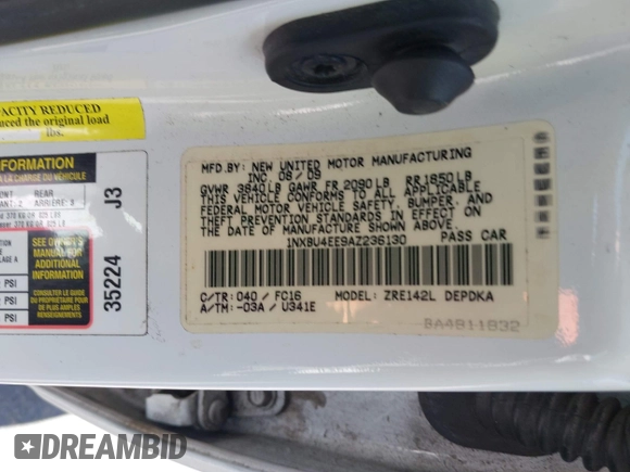 2010 Toyota Corolla z VIN 1NXBU4EE9AZ236130, wystawiony jako IAAI lot #41939861 z przebiegiem 153 922 mil mil oraz . Historia ofert i sprzedaży dostępna na DreamBid. Obrazek 9.