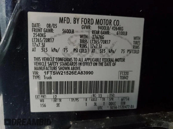 2006 Ford F-250 XL z VIN 1FTSW21526EA83990, wystawiony jako Copart lot #47279325 z przebiegiem 179 135 mil mil oraz Szkoda całkowita • Salvage title. Historia ofert i sprzedaży dostępna na DreamBid. Obrazek 13.