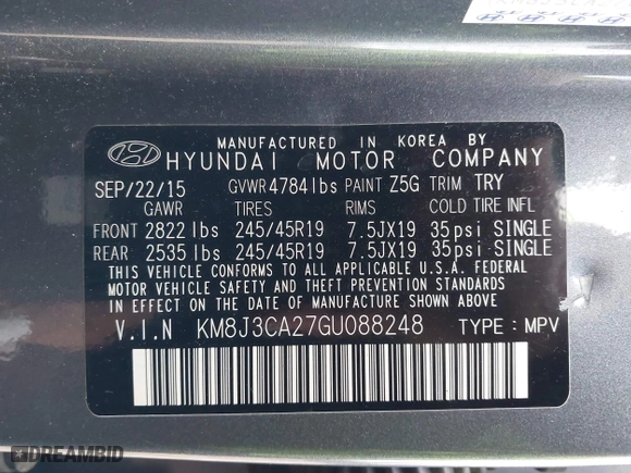 2016 Hyundai Tucson Limited with VIN KM8J3CA27GU088248, listed as a IAAI auction lot 42033882 with 102,112 mi miles. Bid and sale history available at carsss.com. Image 9.