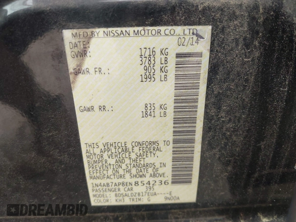 2014 Nissan Sentra SV with VIN 1N4AB7AP8EN854236, listed as a IAAI auction lot 42198932 with 136,118 mi miles and . Bid and sale history available at DreamBid. Image 9.