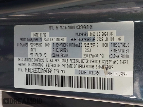 2013 Mazda CX-5 Sport with VIN JM3KE4BE7D0164398, listed as a IAAI auction lot 42107164 with 166,852 mi miles. Bid and sale history available at carsss.com. Image 9.