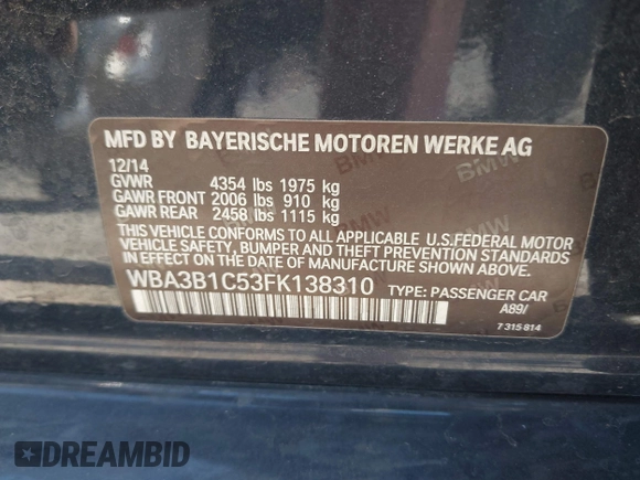 2015 BMW 3 Series 320i with VIN WBA3B1C53FK138310, listed as a IAAI auction lot 41677208 with 57,891 mi miles. Bid and sale history available at carsss.com. Image 9.