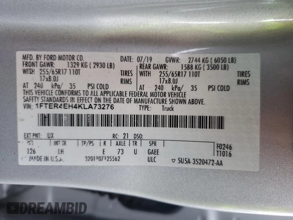 2019 Ford Ranger XL with VIN 1FTER4EH4KLA73276, listed as a Copart auction lot 42592635 with 122,312 mi miles and Salvage Title. Bid and sale history available at DreamBid. Image 12.