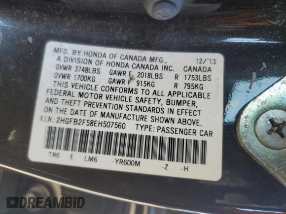 2014 Honda Civic LX z VIN 2HGFB2F58EH507560, wystawiony jako Copart lot #55852875 z przebiegiem 149 131 mil mil oraz Szkoda całkowita • Salvage title. Historia ofert i sprzedaży dostępna na DreamBid. Obrazek 14.