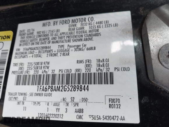 2016 Ford Mustang V6 with VIN 1FA6P8AM2G5289844, listed as a IAAI auction lot 41623880 with 127,204 mi miles and . Bid and sale history available at carsss.com. Image 9.