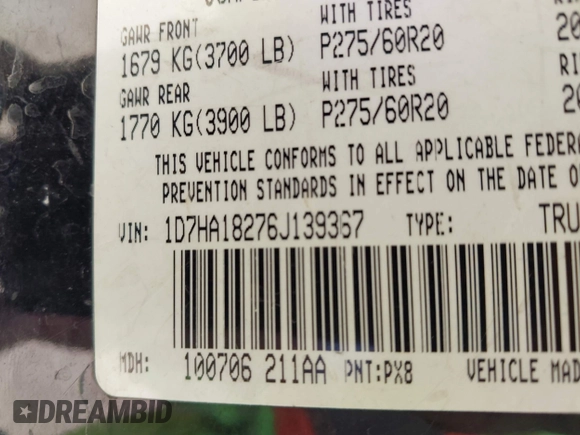 2006 Dodge 1500 SLT with VIN 1D7HA18276J139367, listed as a IAAI auction lot 42184858 with 308,631 mi miles and . Bid and sale history available at carsss.com. Image 9.