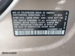 2015 Volkswagen Passat 1.8T S with VIN 1VWAT7A35FC005051, listed as a IAAI auction lot 41368998 with 165,097 mi miles. Bid and sale history available at carsss.com. Image 9.