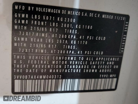 2021 Volkswagen Tiguan S с VIN 3VV0B7AX4MM040312, выставлен на аукционе Copart как лот 51365005 с пробегом 40 996 миль миль и Списание • Salvage title. История ставок и продаж доступна на DreamBid. Изображение 15.