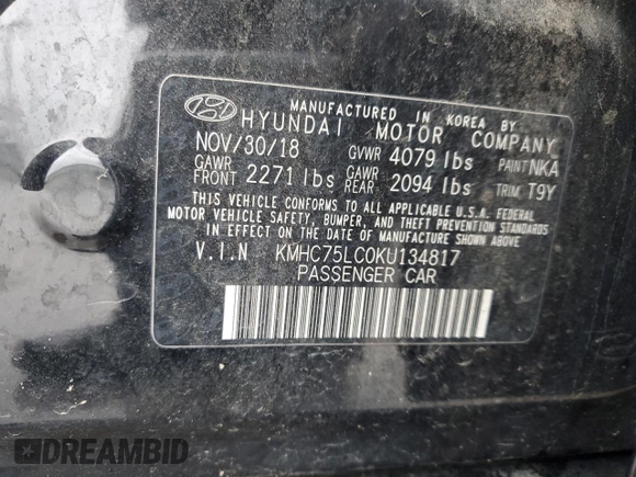 2019 Hyundai Ioniq SEL with VIN KMHC75LC0KU134817, listed as a Copart auction lot 51964555 with 95,837 mi miles and Salvage Title. Bid and sale history available at DreamBid. Image 14.