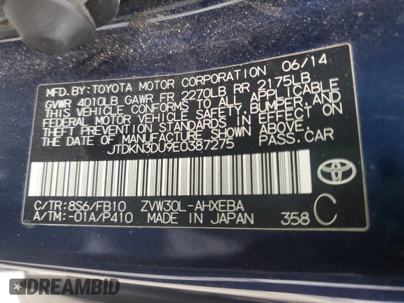 2014 Toyota Prius Four z VIN JTDKN3DU9E0387275, wystawiony jako Copart lot #55976945 z przebiegiem 72 489 mil mil oraz Szkoda całkowita • Salvage title. Historia ofert i sprzedaży dostępna na DreamBid. Obrazek 12.