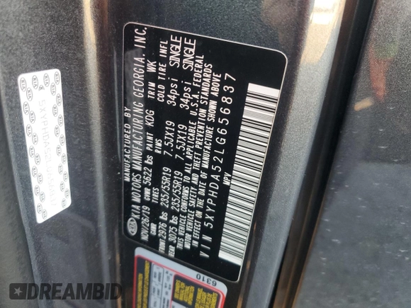 2020 Kia Sorento EX with VIN 5XYPHDA52LG656837, listed as a Copart auction lot 48201885 with 66,162 mi miles and Salvage Title. Bid and sale history available at DreamBid. Image 13.