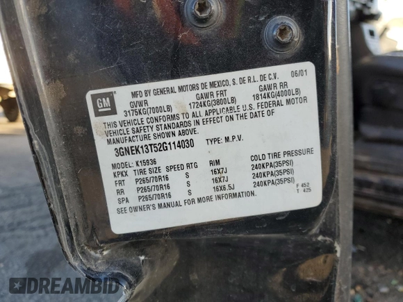 2002 Chevrolet Avalanche with VIN 3GNEK13T52G114030, listed as a Copart auction lot 47141415 with Not Provided miles and Salvage Title. Bid and sale history available at DreamBid. Image 14.
