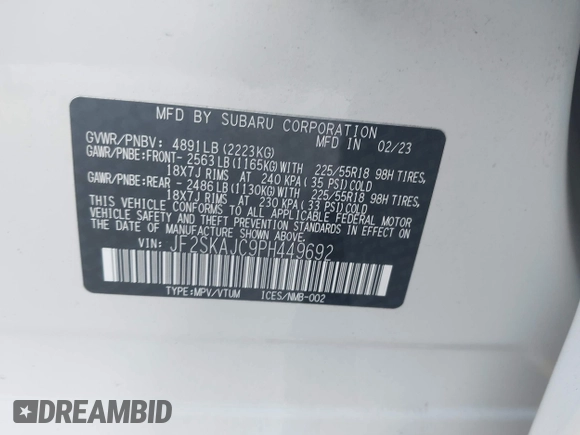 2023 Subaru Forester Special Sports z VIN JF2SKAJC9PH449692, wystawiony jako IAAI lot #42012094 z przebiegiem 35 121 mil mil oraz . Historia ofert i sprzedaży dostępna na DreamBid. Obrazek 9.