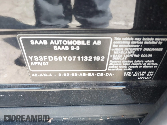 2007 Saab 9-3 z VIN YS3FD59Y071132192, wystawiony jako IAAI lot #42048311 z przebiegiem 177 156 mil mil oraz . Historia ofert i sprzedaży dostępna na DreamBid. Obrazek 9.