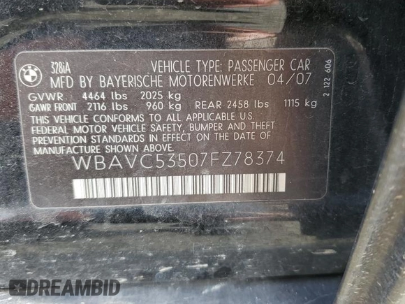 2007 BMW 3 Series 328i with VIN WBAVC53507FZ78374, listed as a Copart auction lot 49245645 with 89,084 mi miles and Salvage Title. Bid and sale history available at carsss.com. Image 12.