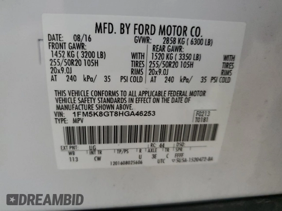 2017 Ford Explorer Sport с VIN 1FM5K8GT8HGA46253, выставлен на аукционе Copart как лот 61855765 с пробегом 101 233 миль миль и Списание • Salvage title. История ставок и продаж доступна на DreamBid. Изображение 13.