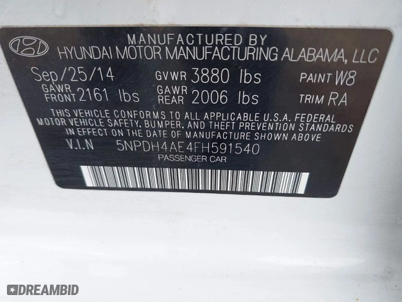 2015 Hyundai Elantra SE with VIN 5NPDH4AE4FH591540, listed as a IAAI auction lot 41822435 with 83,083 mi miles. Bid and sale history available at carsss.com. Image 9.