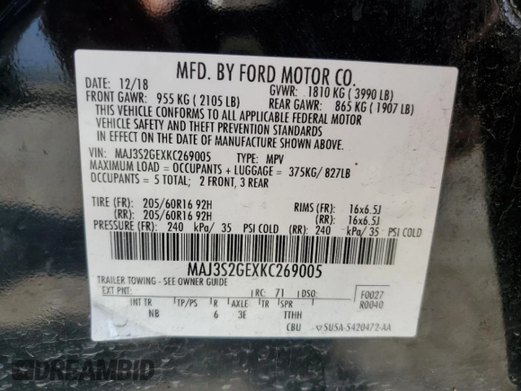2019 Ford EcoSport SE z VIN MAJ3S2GEXKC269005, wystawiony jako Copart lot #49003155 z przebiegiem 64 720 mil mil oraz Szkoda całkowita • Salvage title. Historia ofert i sprzedaży dostępna na DreamBid. Obrazek 13.