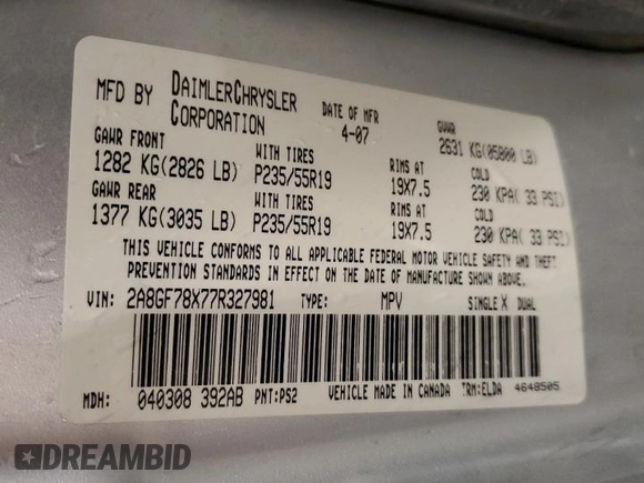 2007 Chrysler Pacifica Limited with VIN 2A8GF78X77R327981, listed as a Copart auction lot 61963285 with 217,143 mi miles and Salvage title. Bid and sale history available at DreamBid. Image 14.