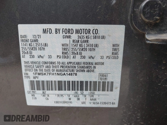 2022 Ford Explorer Limited с VIN 1FMSK7FH1NGA14878, выставлен на аукционе IAAI как лот 42152768 с пробегом 49 593 миль миль и . История ставок и продаж доступна на DreamBid. Изображение 9.