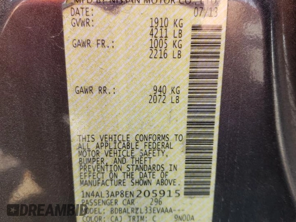 2014 Nissan Altima 2.5 S with VIN 1N4AL3AP8EN205915, listed as a Copart auction lot 52527785 with 249,986 mi miles and Salvage Title. Bid and sale history available at carsss.com. Image 13.