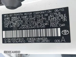 2010 Toyota Prius II with VIN JTDKN3DU6A0187545, listed as a IAAI auction lot 41878414 with 198,980 mi miles and . Bid and sale history available at DreamBid. Image 9.