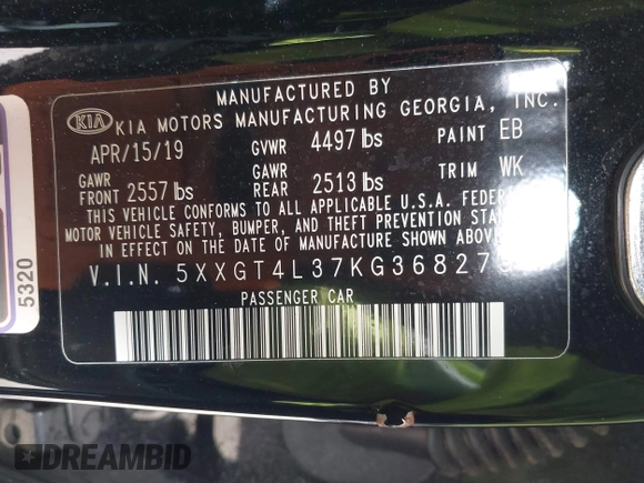 2019 Kia Optima LX with VIN 5XXGT4L37KG368275, listed as a IAAI auction lot 41633444 with 81,136 mi miles. Bid and sale history available at carsss.com. Image 9.