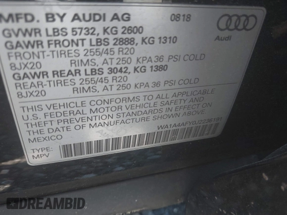2018 Audi SQ5 Premium Plus z VIN WA1A4AFY0J2236191, wystawiony jako IAAI lot #39742989 z przebiegiem 63 816 mil mil oraz . Historia ofert i sprzedaży dostępna na DreamBid. Obrazek 9.