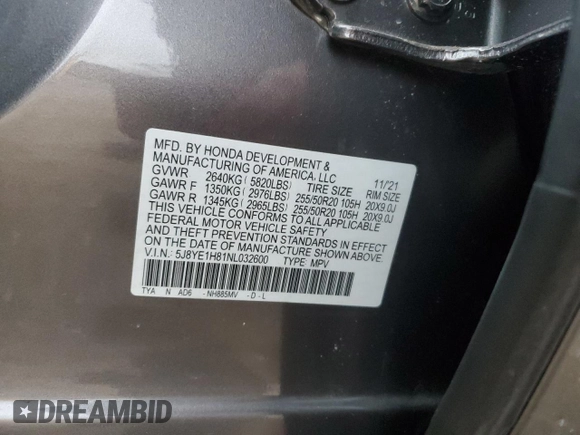 2022 Acura MDX w/Advance Package with VIN 5J8YE1H81NL032600, listed as a Copart auction lot 84120034 with 24,023 mi miles and Salvage Title. Bid and sale history available at carsss.com. Image 16.
