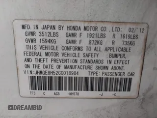 2012 Honda Fit Sport with VIN JHMGE8H52CC018984, listed as a IAAI auction lot 40880358 with 111,614 mi miles. Bid and sale history available at carsss.com. Image 9.