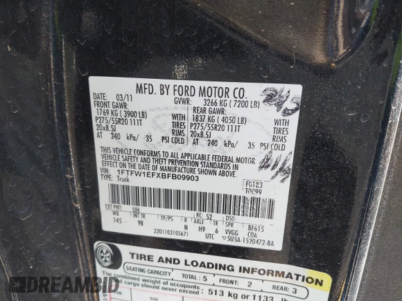 2011 Ford F-150 XL with VIN 1FTFW1EFXBFB09903, listed as a IAAI auction lot 42258501 with 252,477 mi miles and . Bid and sale history available at DreamBid. Image 9.