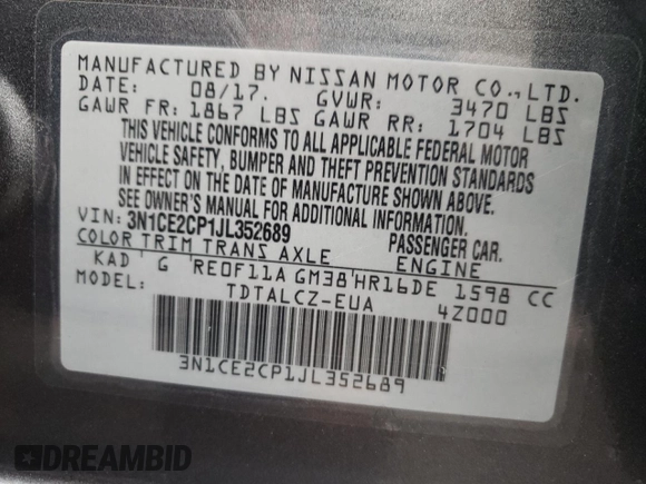 2018 Nissan Note SV with VIN 3N1CE2CP1JL352689, listed as a Copart auction lot 57144785 with 38,824 mi miles and Salvage title. Bid and sale history available at DreamBid. Image 12.