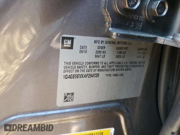 2010 Buick LaCrosse CXS with VIN 1G4GE5EVXAF294728, listed as a Copart auction lot 48468545 with Not Provided miles and Clean Title. Bid and sale history available at DreamBid. Image 13.