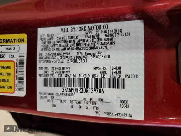 2013 Ford Fusion SE with VIN 3FA6P0HR3DR139706, listed as a Copart auction lot 53710085 with 73,877 mi miles and Salvage Title. Bid and sale history available at carsss.com. Image 12.