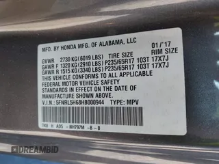 2017 Honda Odyssey EX-L with VIN 5FNRL5H68HB000944, listed as a IAAI auction lot 41937216 with 121,938 mi miles and . Bid and sale history available at DreamBid. Image 9.