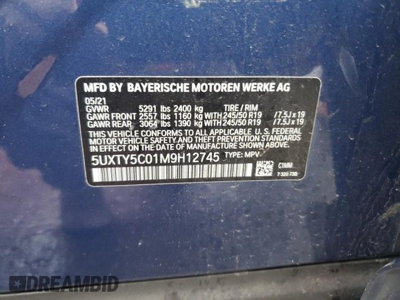 2021 BMW X3 xDrive30i with VIN 5UXTY5C01M9H12745, listed as a Copart auction lot 84824444 with 46,618 mi miles and Salvage Title. Bid and sale history available at DreamBid. Image 12.