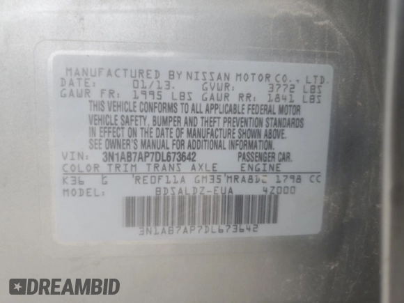 2013 Nissan Sentra S with VIN 3N1AB7AP7DL673642, listed as a Copart auction lot 44139595 with 179,149 mi miles and Salvage Title. Bid and sale history available at DreamBid. Image 13.
