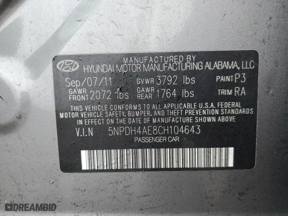 2012 Hyundai Elantra GLS with VIN 5NPDH4AE8CH104643, listed as a Copart auction lot 47865775 with 58,247 mi miles and Salvage Title. Bid and sale history available at carsss.com. Image 14.