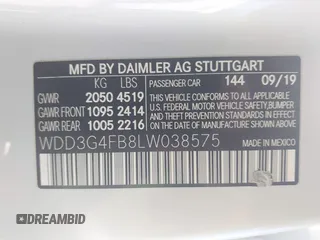 2020 Mercedes-Benz A 220 with VIN WDD3G4FB8LW038575, listed as a IAAI auction lot 41370432 with Not provided miles and . Bid and sale history available at DreamBid. Image 9.