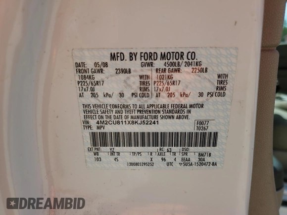 2008 Mercury Mariner with VIN 4M2CU811X8KJ52241, listed as a Copart auction lot 61502625 with 125,920 mi miles and Salvage title. Bid and sale history available at DreamBid. Image 12.