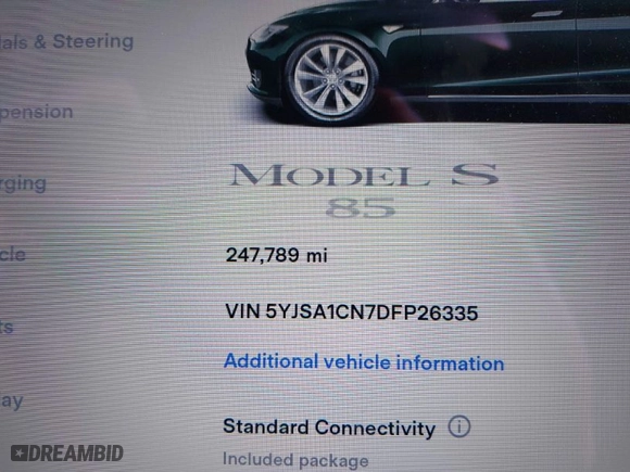 2013 Tesla Model S with VIN 5YJSA1CN7DFP26335, listed as a IAAI auction lot 41529752 with 247,789 mi miles. Bid and sale history available at carsss.com. Image 7.