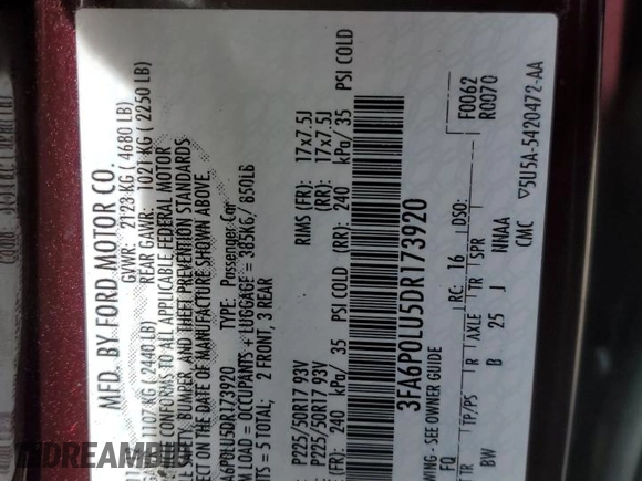 2013 Ford Fusion SE Hybrid with VIN 3FA6P0LU5DR173920, listed as a Copart auction lot 50884705 with 121,385 mi miles and Salvage Title. Bid and sale history available at carsss.com. Image 12.