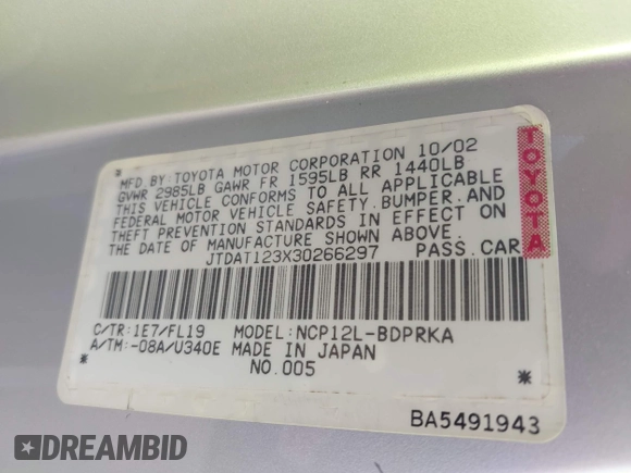 2003 Toyota ECHO with VIN JTDAT123X30266297, listed as a IAAI auction lot 42480149 with 161,795 mi miles and . Bid and sale history available at DreamBid. Image 9.